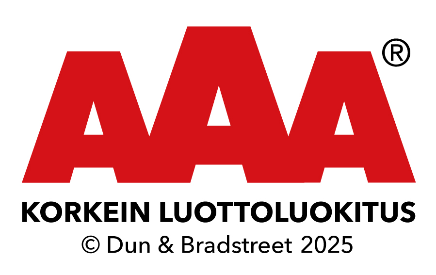 Punainen AAA-logo, jossa teksti "Korkein Luottoluokitus" ja "© Dun & Bradstreet 2025" valkoisella taustalla.